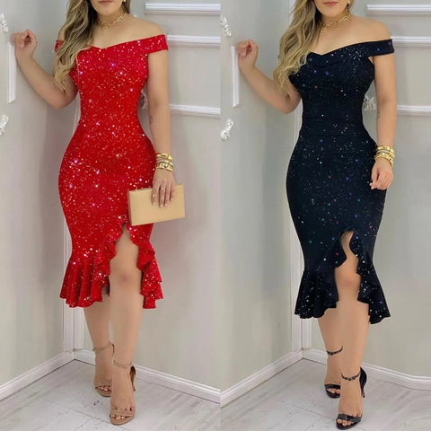 VESTIDO DE FESTA COM BABADOS NO OMBRO