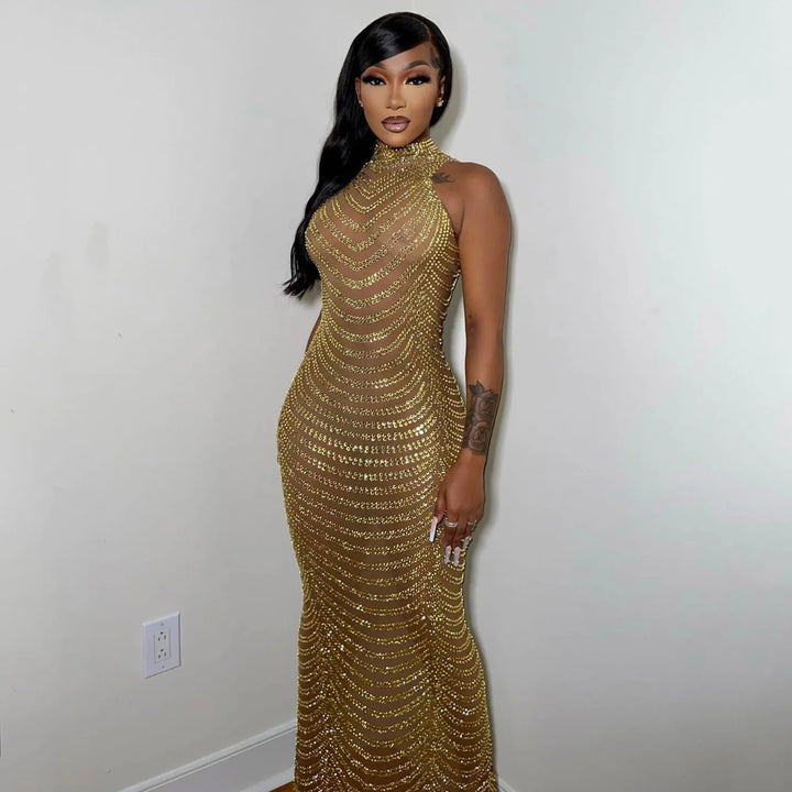 VESTIDO DE CINTURA ALTA DE FESTA COM STRASS