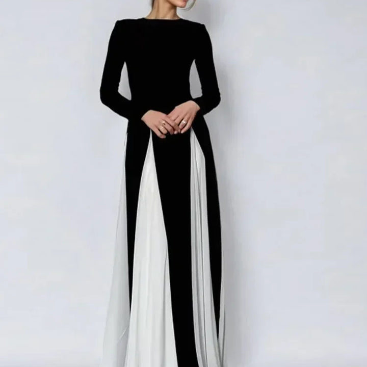 VESTIDO MAXI ELEGANTE EM RETALHOS COM MANGA COMPRIDA