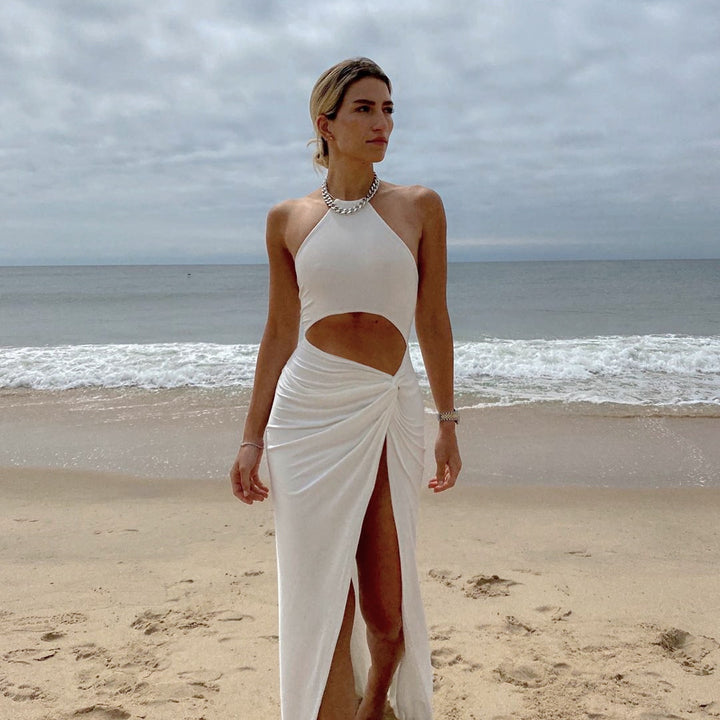 VESTIDO SAIA LONGO COM DECOTE  HATER E AMARRAÇÃO