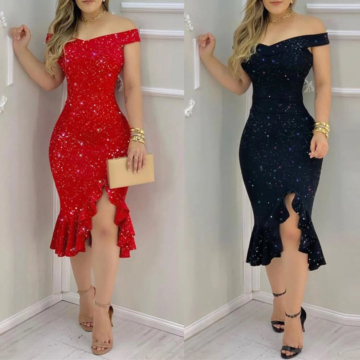 VESTIDO DE FESTA COM BABADOS NO OMBRO