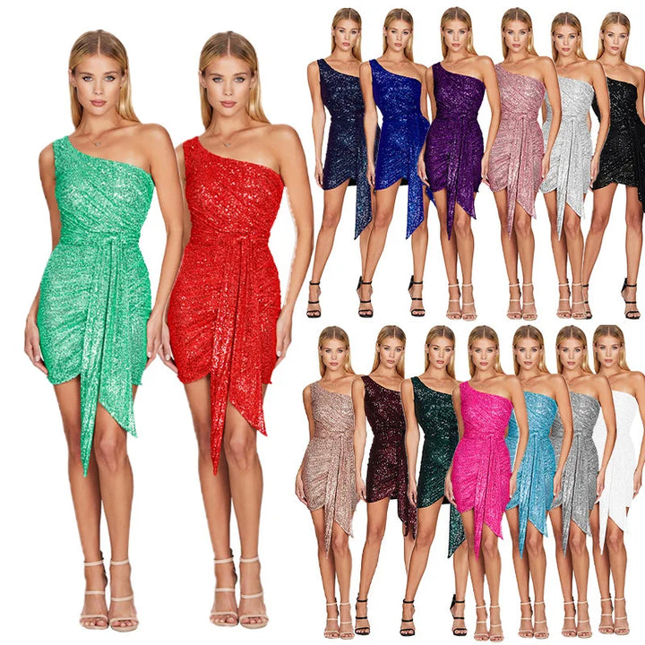VESTIDO SEXY DE UM OMBRO COM LANTEJOULAS