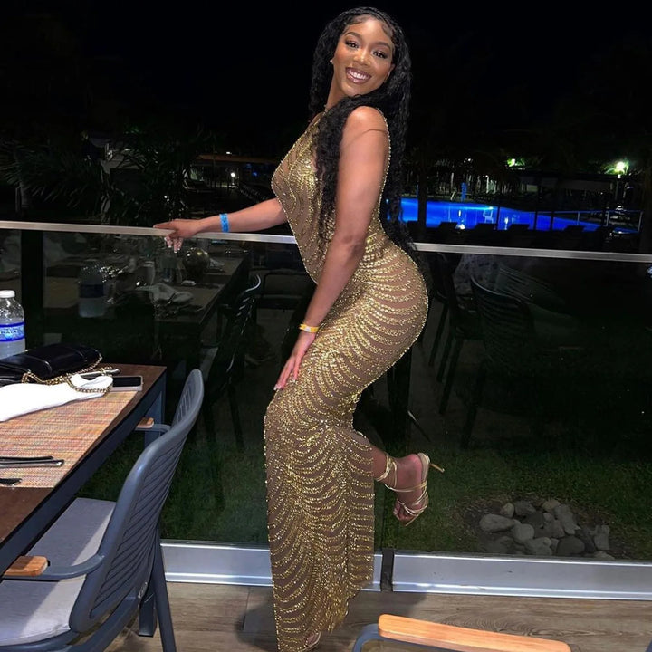VESTIDO DE CINTURA ALTA DE FESTA COM STRASS