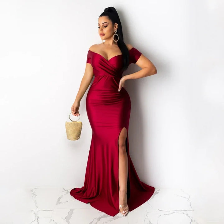 VESTIDO SEREIA COM DECOTE EM V FORA DO OMBRO