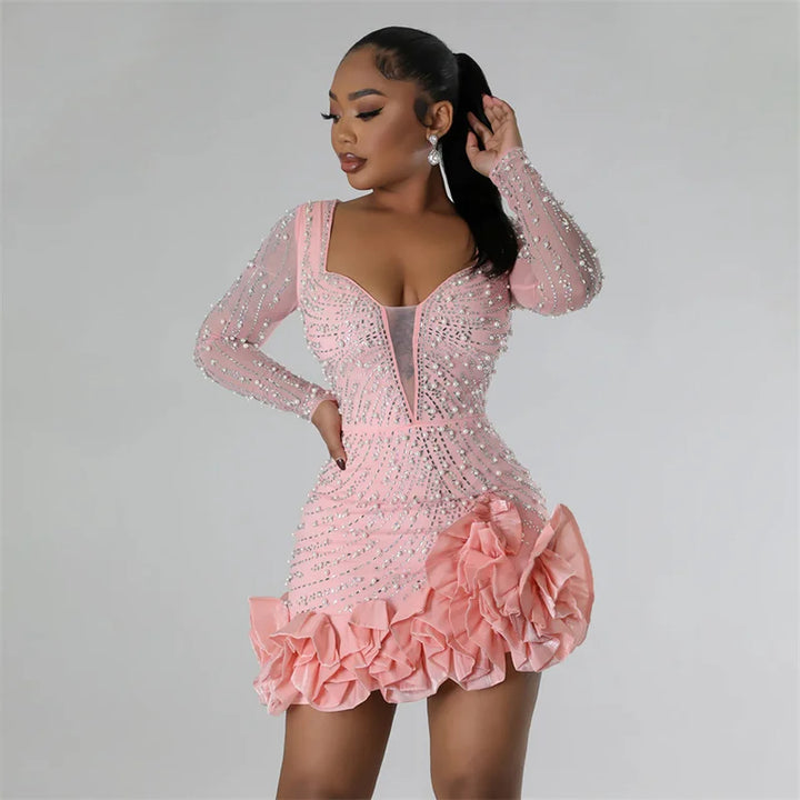 VESTIDO DE MALHA COM DIAMANTES ROSA BRILHANTE DE RHINESTONE