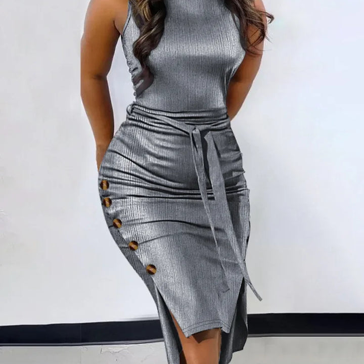 VESTIDO BODYCON DE PESCOÇO FALSO,COM AMARRAÇÃO  EM D