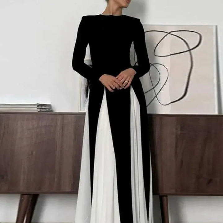 VESTIDO MAXI ELEGANTE EM RETALHOS COM MANGA COMPRIDA