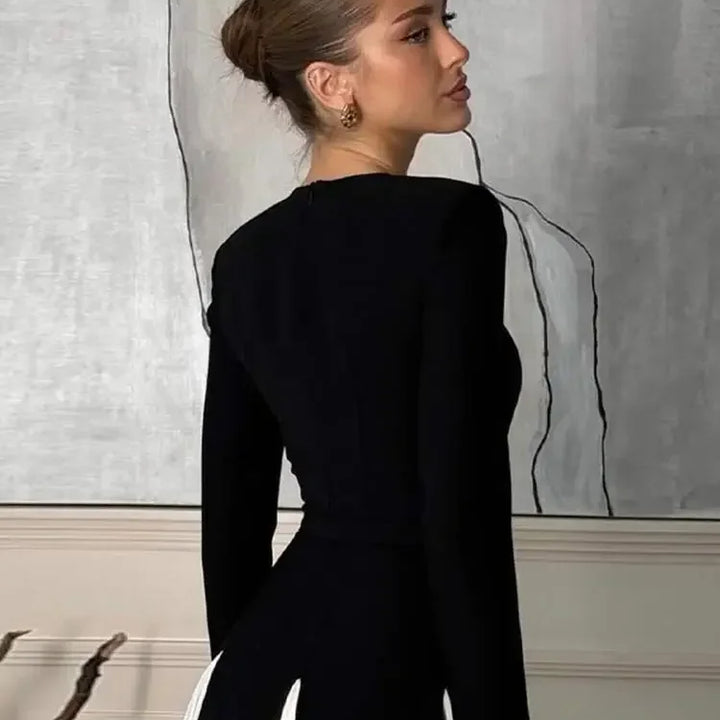 VESTIDO MAXI ELEGANTE EM RETALHOS COM MANGA COMPRIDA