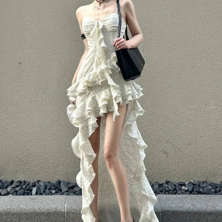 VESTIDO DE FESTA COM BABADOS IRREGULARES E COM ALÇA DE ESPAGUETE