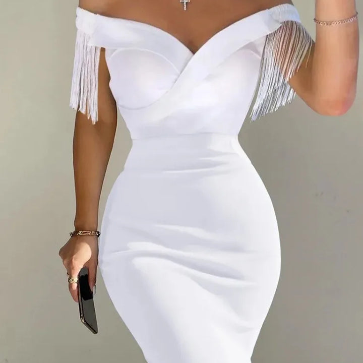 VESTIDO MIDI ELEGANTE DIVIDIDO NO OMBRO