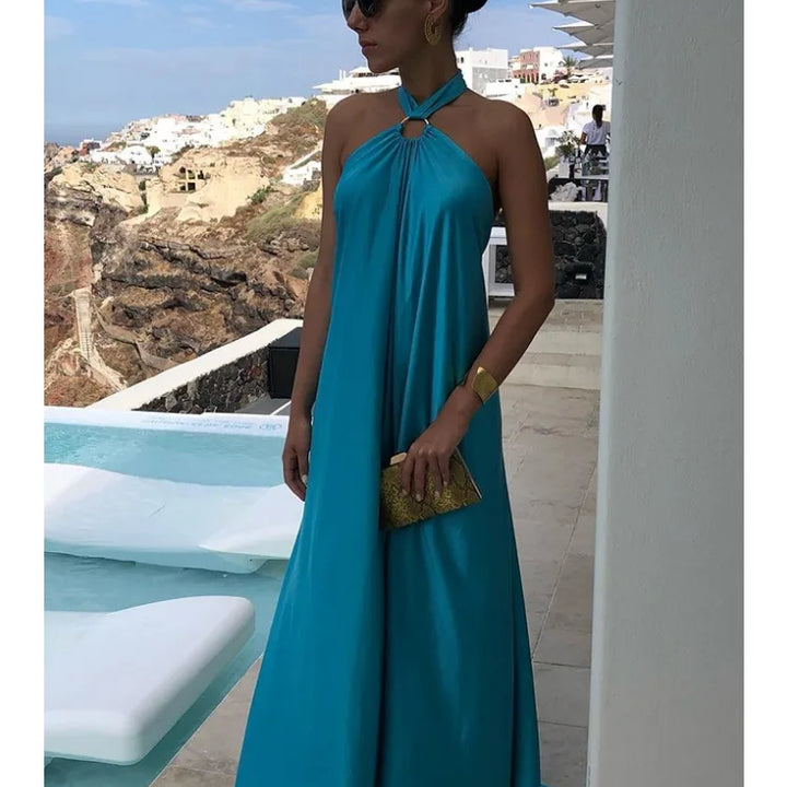 VESTIDO AZUL LONGO ELEGANTE SEM MANGAS