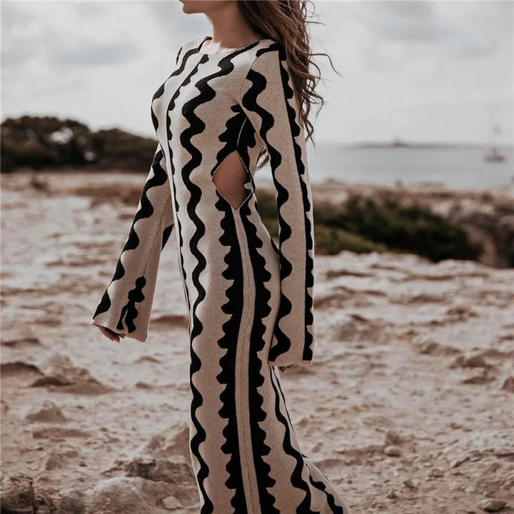 VESTIDO VINTAGE DE MALHA WAVE PRINT COM MANGA LONGA