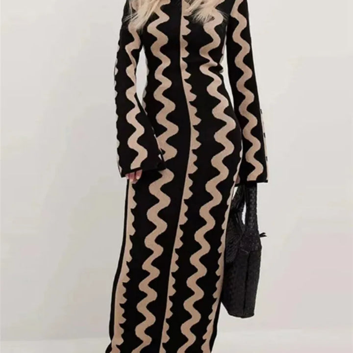 VESTIDO VINTAGE DE MALHA WAVE PRINT COM MANGA LONGA