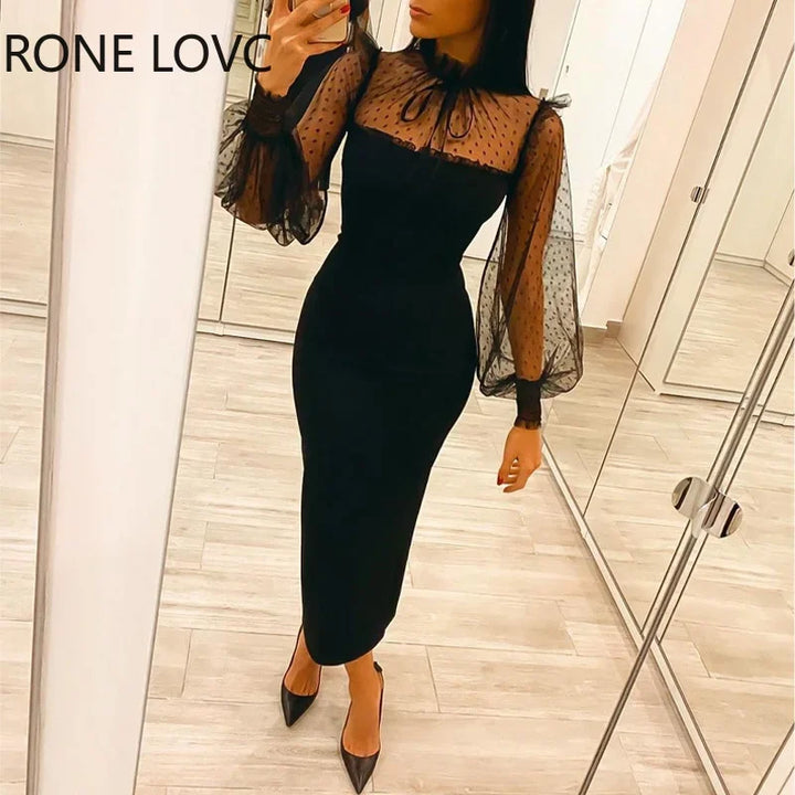 VESTIDO MIDI ELEGANTE GOLA ALTA COM LANTEJOULAS