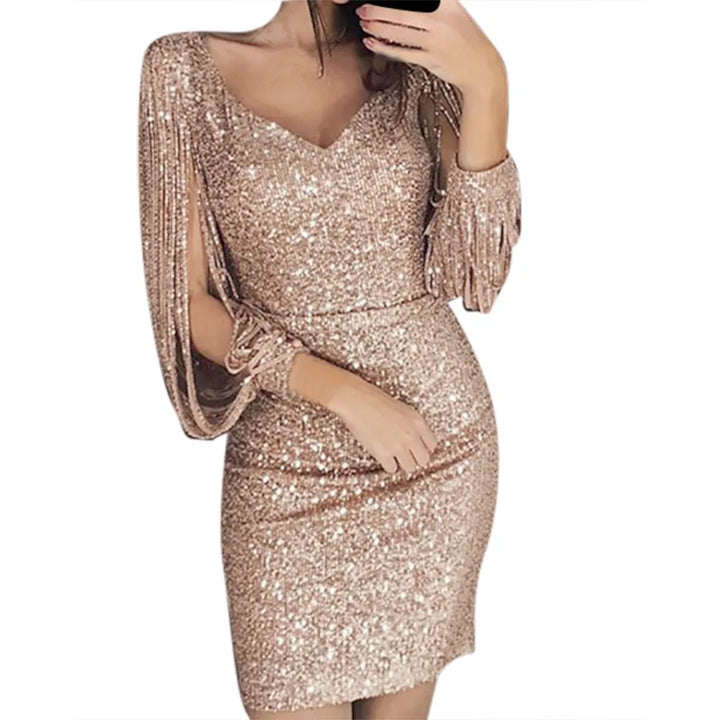 VESTIDO DE MANGA COMPRIDA E COM FRANJA DE LANTEJOULAS