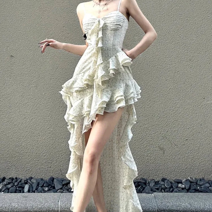 VESTIDO DE FESTA COM BABADOS IRREGULARES E COM ALÇA DE ESPAGUETE