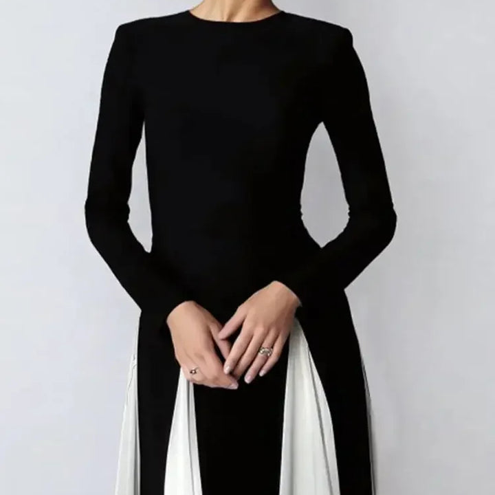 VESTIDO MAXI ELEGANTE EM RETALHOS COM MANGA COMPRIDA