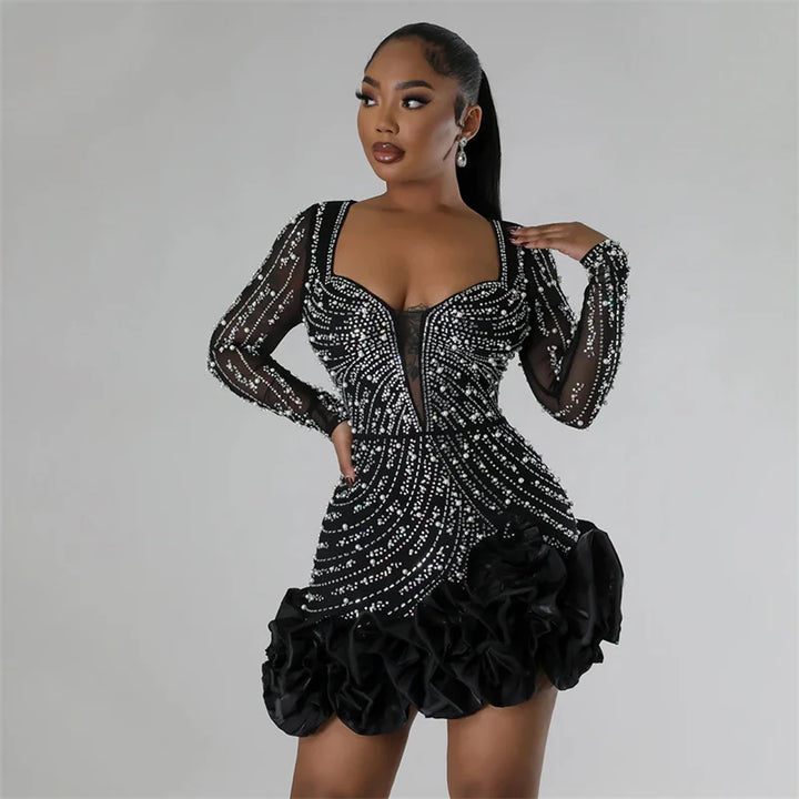 VESTIDO DE MALHA COM DIAMANTES ROSA BRILHANTE DE RHINESTONE