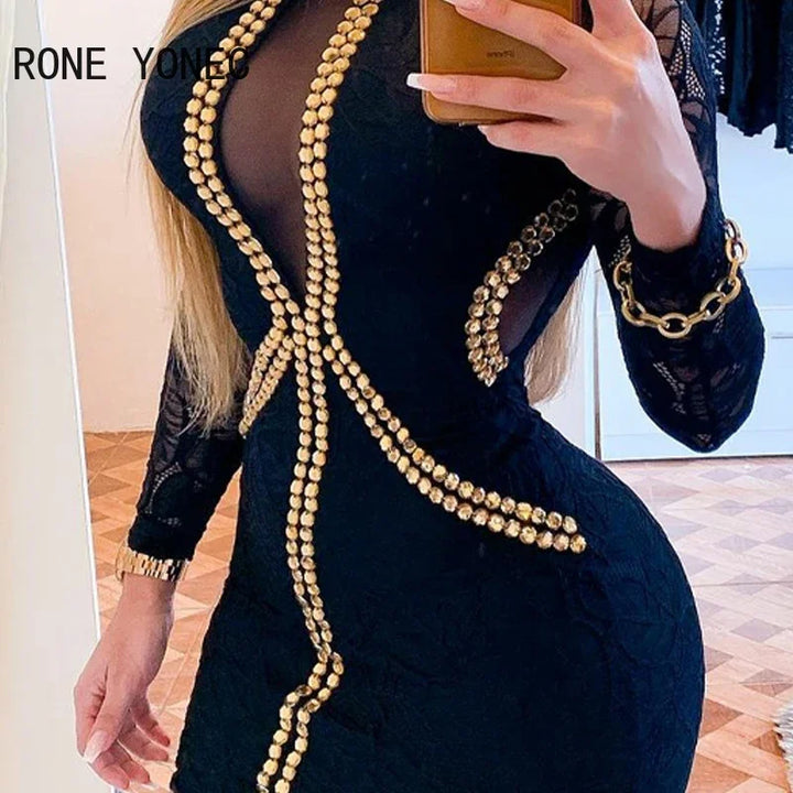 VESTIDO RHINESTONE COM MANGA LONGA DE RENDA