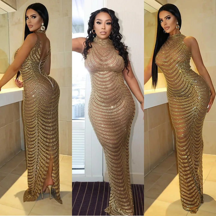 VESTIDO DE CINTURA ALTA DE FESTA COM STRASS
