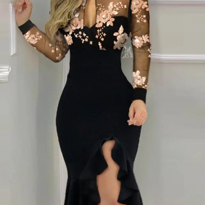 VESTIDO MIDI DE MALHA COM BABADOS E MANGA COMPRIDA