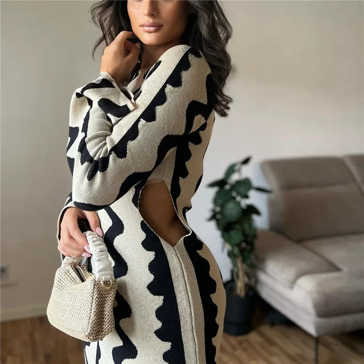 VESTIDO VINTAGE DE MALHA WAVE PRINT COM MANGA LONGA