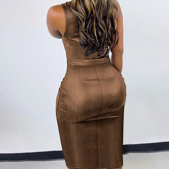 VESTIDO BODYCON DE PESCOÇO FALSO,COM AMARRAÇÃO  EM D