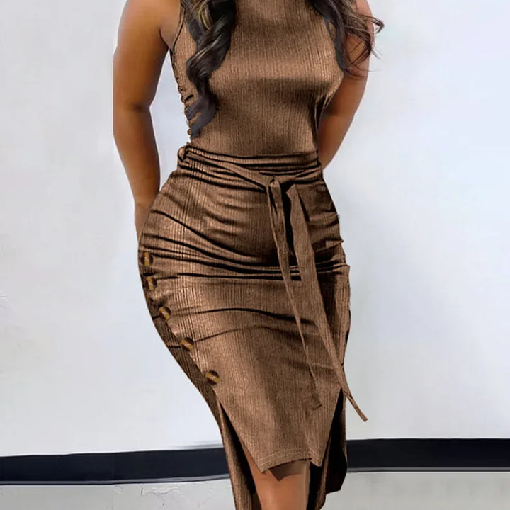 VESTIDO BODYCON DE PESCOÇO FALSO,COM AMARRAÇÃO  EM D