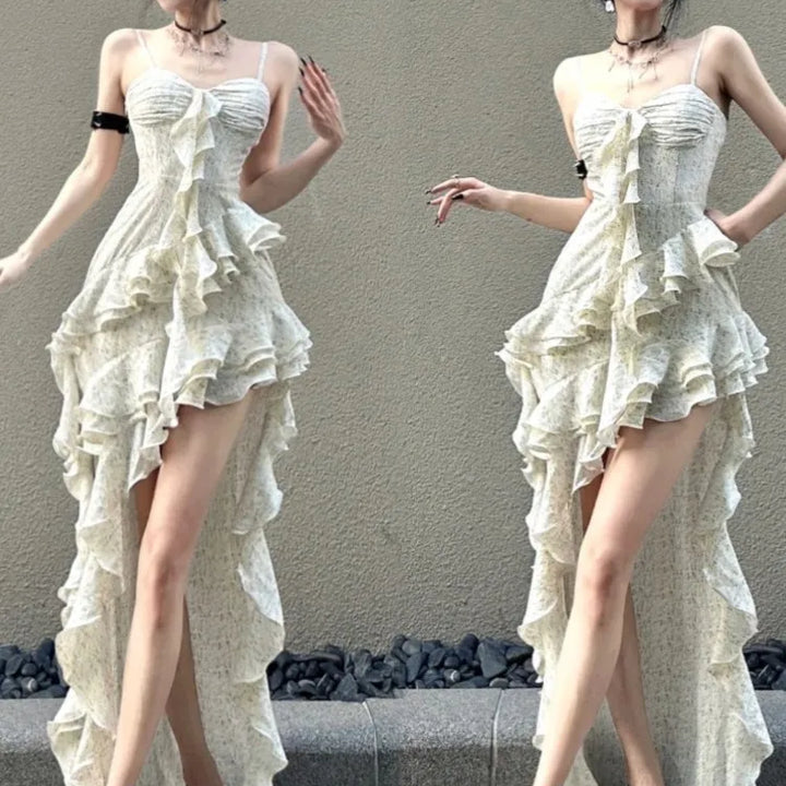 VESTIDO DE FESTA COM BABADOS IRREGULARES E COM ALÇA DE ESPAGUETE