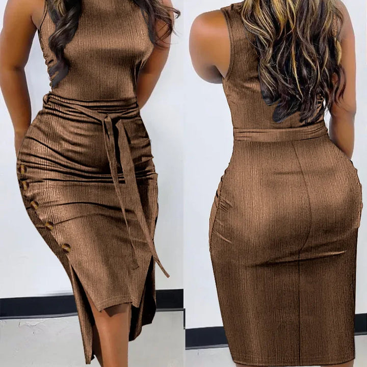VESTIDO BODYCON DE PESCOÇO FALSO,COM AMARRAÇÃO  EM D