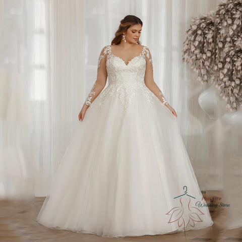 VESTIDO DE NOIVA DE RENDA COM MANGA COMPRIDA E COM DECOTE EM V DE PASTROL