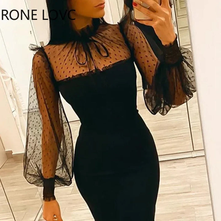 VESTIDO MIDI ELEGANTE GOLA ALTA COM LANTEJOULAS